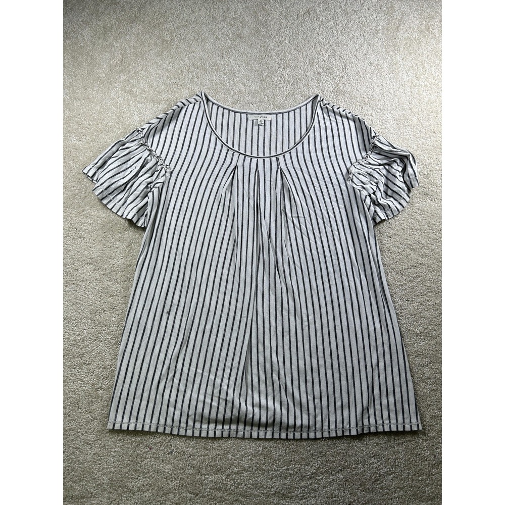 Max Studio Shirt Womens Small Gray Black Striped Short Sleeve Ruffle Casual Top